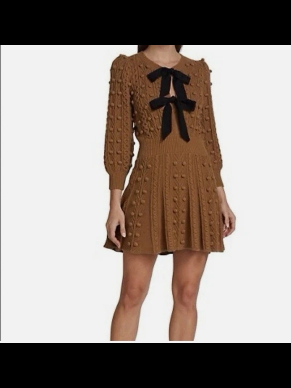 Alice + Olivia Kitty Bow Front Cable Knit Sweater Dress Brown - Picture 6 of 6